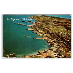 1961 St. Ignace Michigan Aerial Waterfront View Plastichrome Postcard Posted